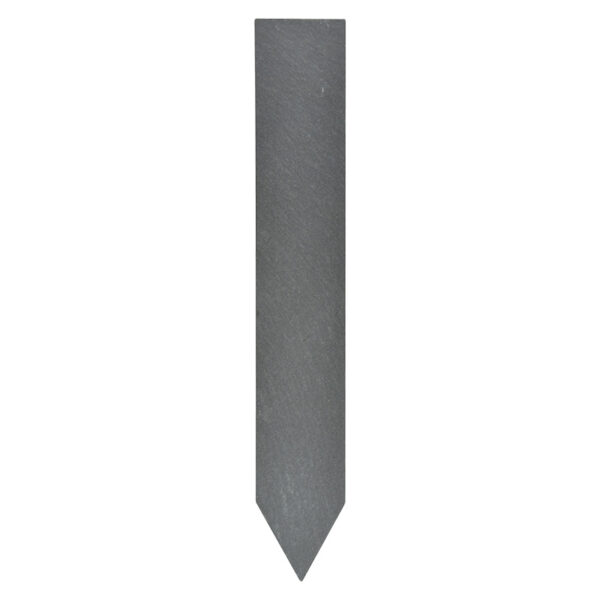 A single slate plant marker with an angled point on one end for pushing into the ground.