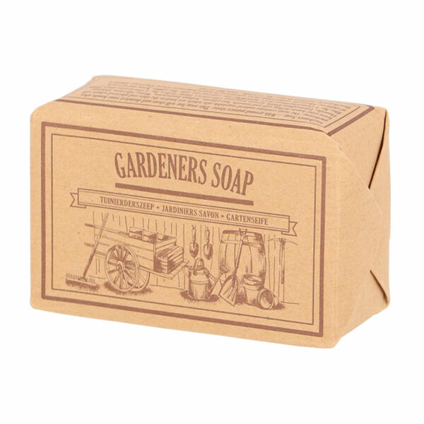 A bar of gardeners soap in its brown paper wrapper.