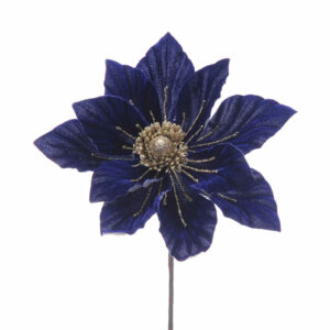 Festive Blue Velvet Magnolia Stem with Gold Glitter (30cm)