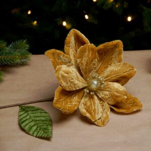 Festive Gold Velvet Magnolia Stem (50cm)