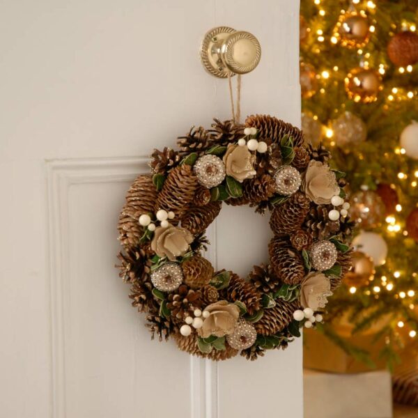 Festive Gold Rose & Pinecone Wreath