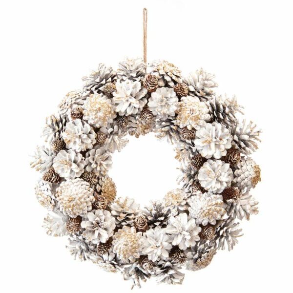 Festive White & Gold Pinecone Wreath