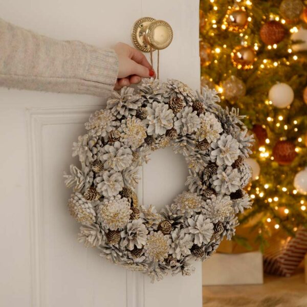 Festive White & Gold Pinecone Wreath