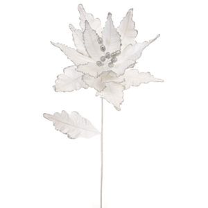 Festive Giant White Velvet Poinsettia Stem (68cm)