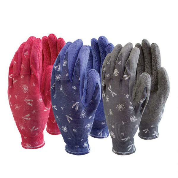 A set of three gardening gloves. One pair is pink, one purple and one grey. They have a dragonfly pattern.