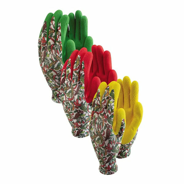 A set of three gardening gloves. One pair is red, one yellow and one green. They all have a strong chilli pattern on the back of the hand.