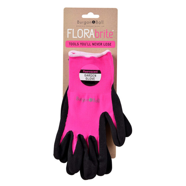 Burgon and Ball FloraBrite pink Gardening Gloves in packaging
