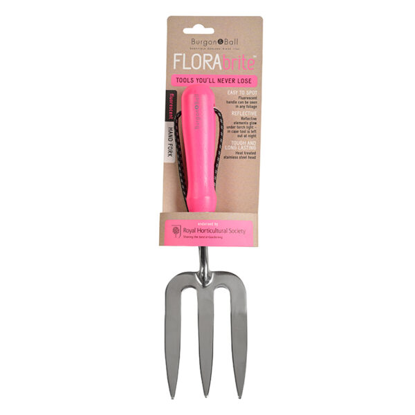 Burgon and Ball FloraBrite Pink Hand Fork in packaging