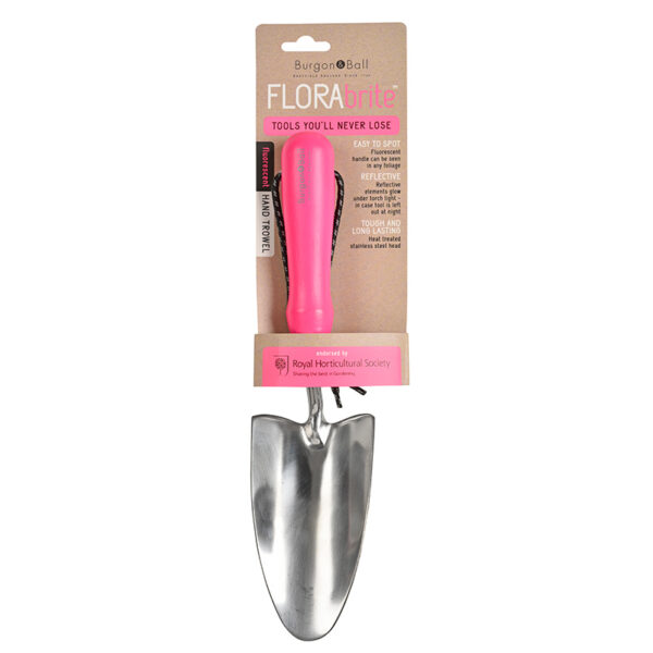 Burgon and Ball FloraBrite Pink Hand trowel in packaging