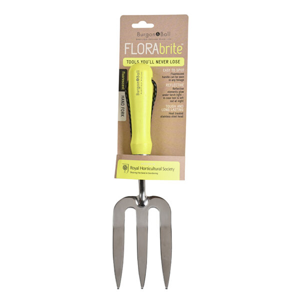 Burgon and Ball FloraBrite Yellow Hand Fork in packaging