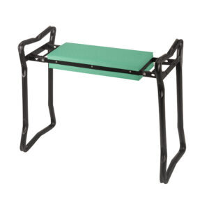 A folding gardening seat with a green foam seat and folding metal legs.