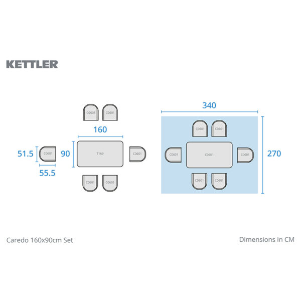 Footprint for Kettler Caredo 6 Seat Rectangular Dining Set