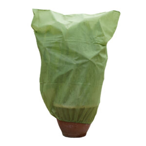 A green G30 Plant Warming Fleece Cover over a terracotta potted plant. The drawstring is tight around the bottom of the pot.
