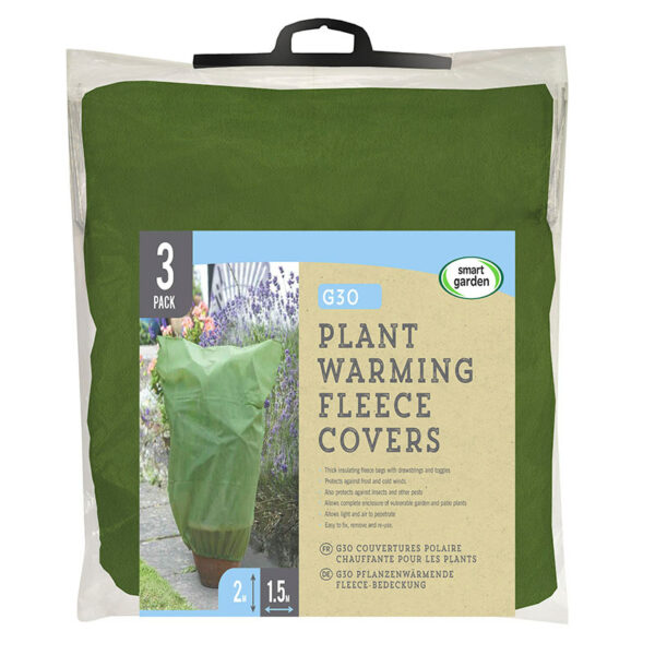 A transparent pack of 3 green G30 Plant Warming Fleece Covers.