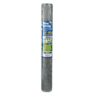 A10m roll of 13mm galvanised hexagon netting mesh, wrapped in transparent roll and a label.