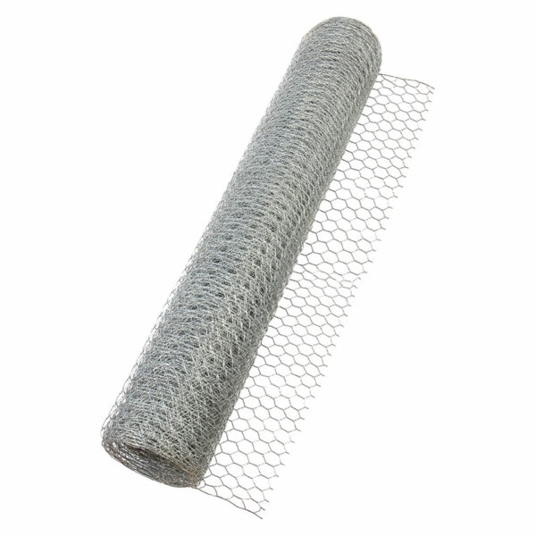 A partially unfurled 10m roll of 13mm galvanised hexagon netting mesh.