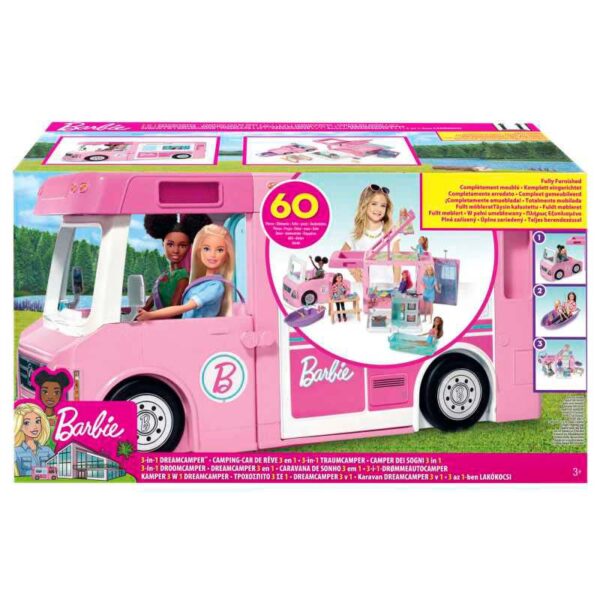 Barbie 3-in-1 Dream Camper & Accessories 60 Pieces packaging