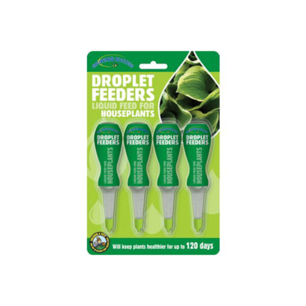 A pack of 4, green, liquid droplet feeders for houseplants. The feeders consist of a upper reservoir with a narrow funnel opening at the bottom for slow release.