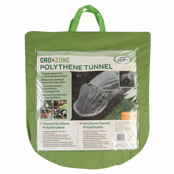 A green fabric bag containing the GroZone Polythene Tunnel.