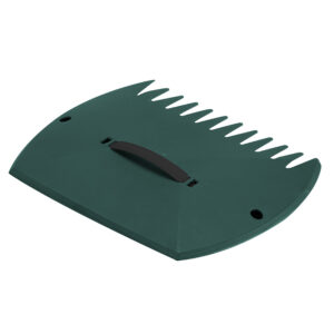 A large, green, plastic scoop with a serrated edge for collecting and scooping leaves and cuttings.