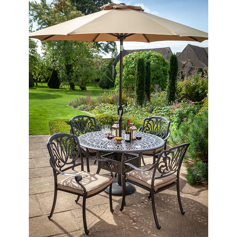 Hartman Amalfi 4 Seat Round Garden Dining Set In Bronze With Amber Cushions, Parasol & Base