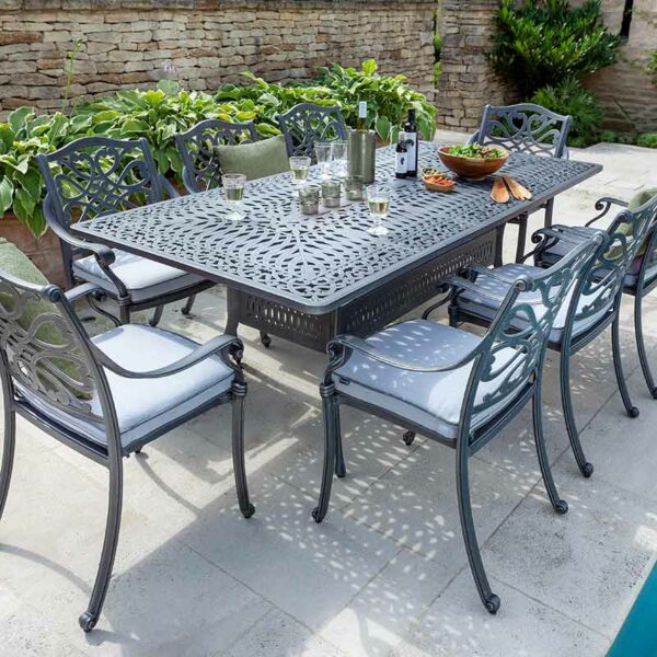 Hartman Capri 8 Seat Dining Set in Antique Grey on patio without Parasol