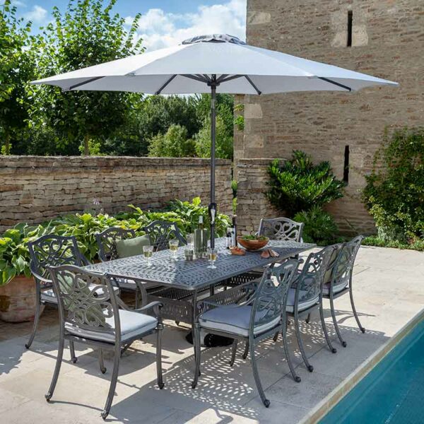 Hartman Capri 8 Seat Patio Dining Set in Antique Grey with Rectangular Table, Parasol & Base