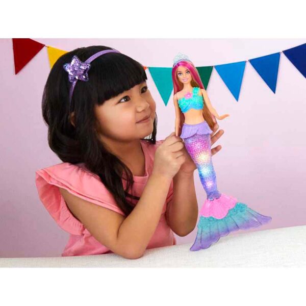 Barbie Dreamtopia Twinkle Lights Mermaid Light-Up Doll girl holding