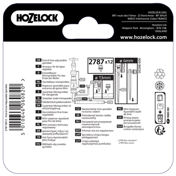 Hozelock 360º Adjustable Sprinkler (Pack of 12) back of pack