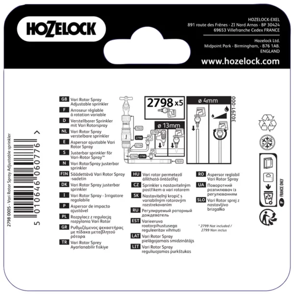 Hozelock 360 Degree Adjustable Mini Sprinkler (Pack of 5) back of pack diagram