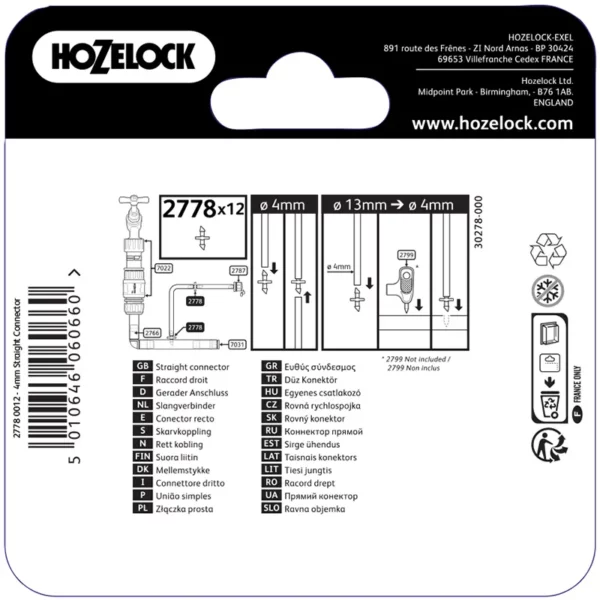 Hozelock 4mm Straight Connector (Pack of 12) back of pack diagram
