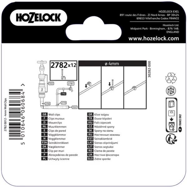 Hozelock 4mm Wall Clips (Pack of 12) back of pack diagram