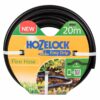 A black coiled up Hozelock Flexi Hose (20m) in its yellow branded packaging.