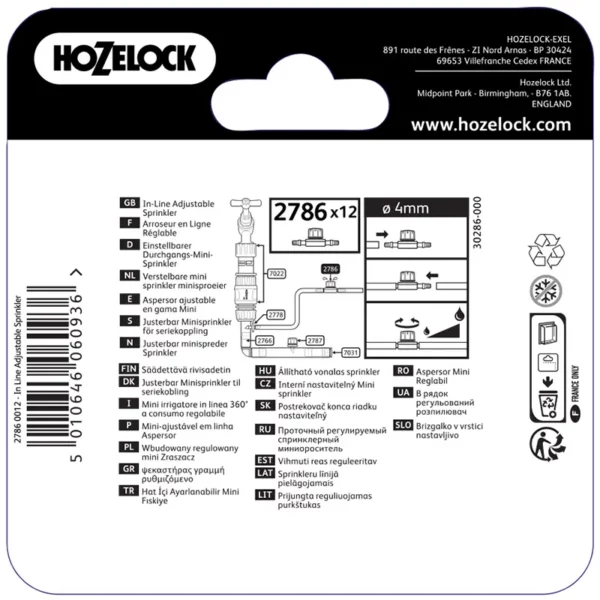 Hozelock In-Line Adjustable Mini Sprinkler 4mm (Pack of 12) back of pack