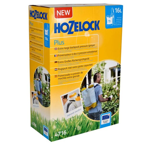 The Hozelock box containing the Hozelock Pulsar Plus Comfort Knapsack Pressure Sprayer.