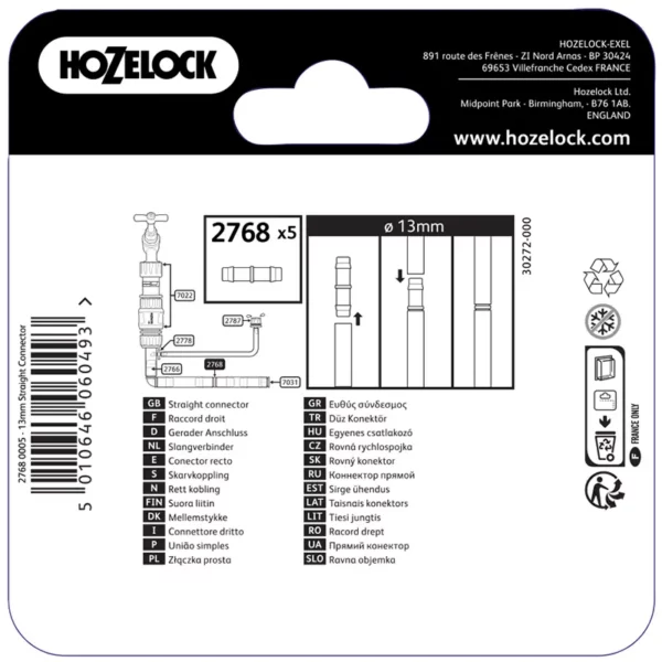 Hozelock Straight Connector 13mm (Pack of 5) back of pack