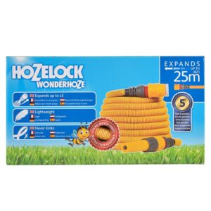 The packaging for the 25m Hozelock Wonderhoze. The box is blue with an image of the coiled yellow hose.