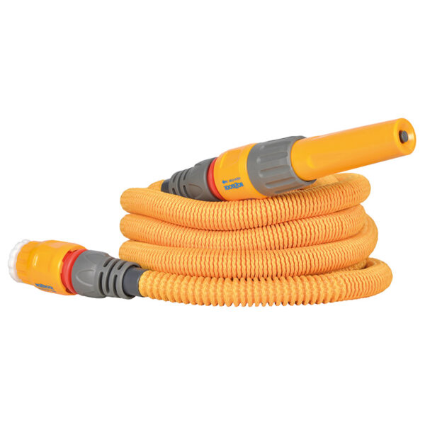 A coiled up Hozelock Wonderhoze. The yellow hose has a connector on one end and a nozzle on the other.