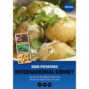 The packshot for a 2kg bag of International Kidney Main Crop Seed Potatoes. There is an image of new potatoes in a mayonnaise salad and graphics demonstrating their use for boiling, steaming and salads.