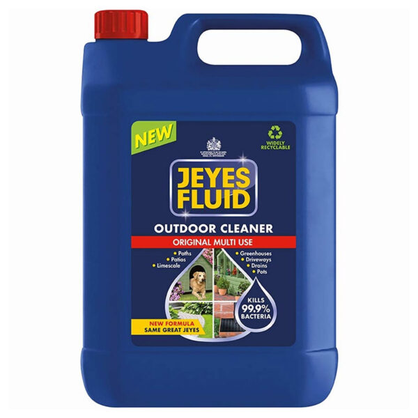 A large, blue, 5 litre, plastic bottle of Jeyes Cleaning Fluid.