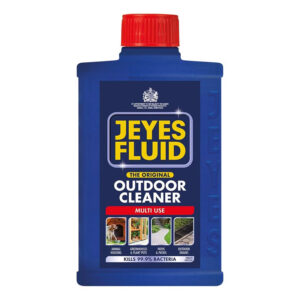A medium-sized, blue, 1 litre, plastic bottle of Jeyes Cleaning Fluid.