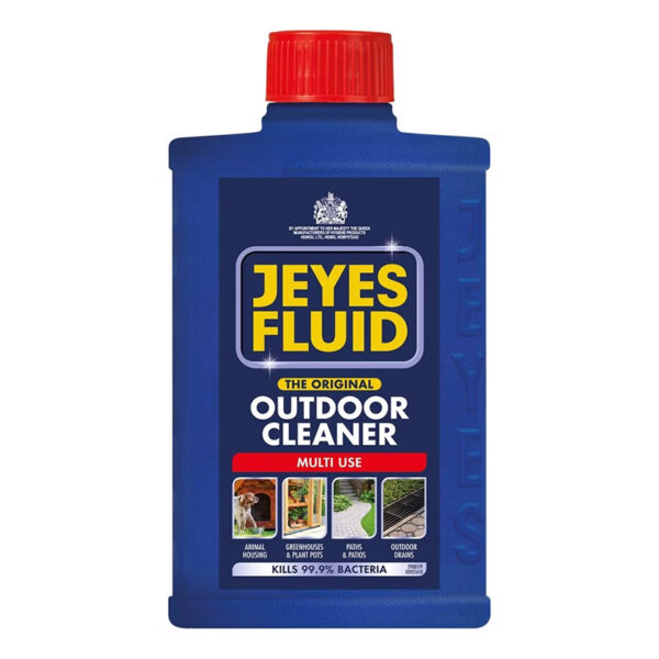 A medium-sized, blue, 1 litre, plastic bottle of Jeyes Cleaning Fluid.