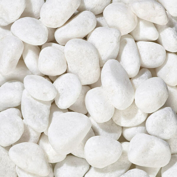 A close view of white quartz pot topper stones. The stones are smooth and rounded, between 15 and 35mm.