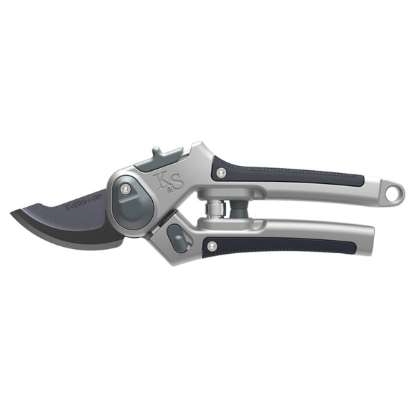 A horizontal pair of Kent & Stowe Eversharp All Purpose Lite Secateurs. The secateurs have black rubber handles and dark carbon blades.
