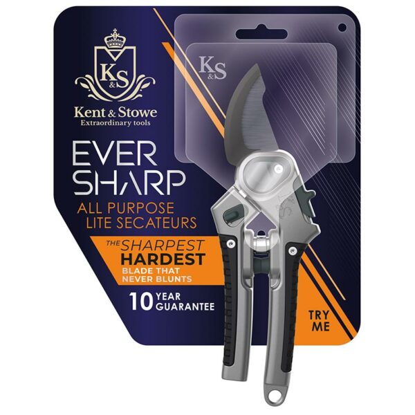 A pair of Kent & Stowe Eversharp All Purpose Lite Secateurs in their packaging. The packaging is orange and blue with Kent & Stowe branding.