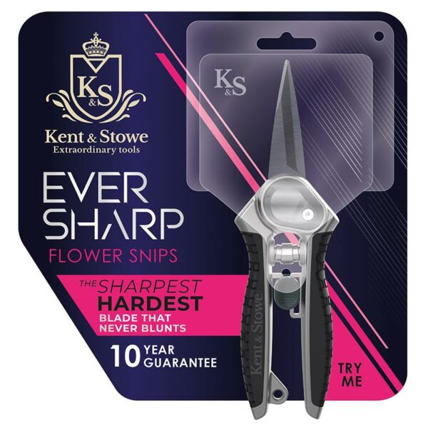 A pair of Kent & Stowe Eversharp Garden Snips in their packaging. The packaging is pink and blue with Kent & Stowe branding.