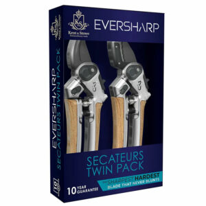 The Kent & Stowe Eversharp Anvil and Bypass Secateurs together in their gift set packaging.