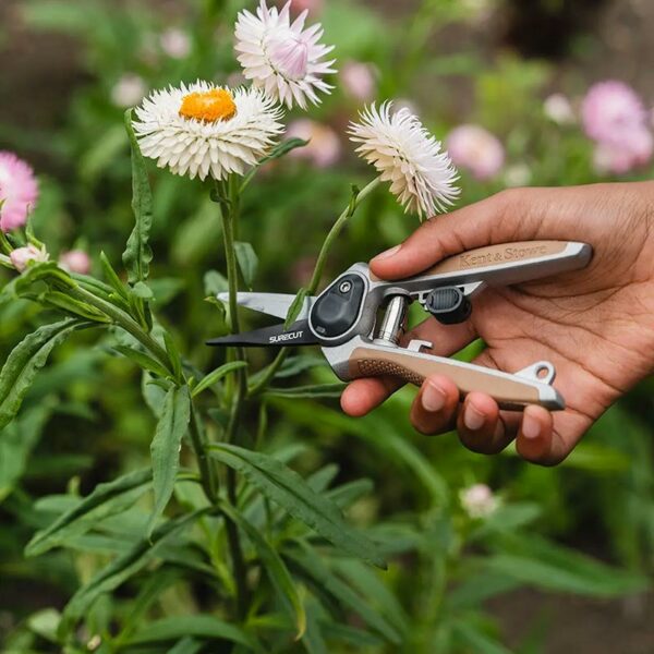 Kent & Stowe Garden Life Flower Snips in use with open blade