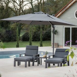 Bramblecrest Lichfield 2.7 x 2.7m Square Cantilever Parasol in Grey with Base & Cover in use