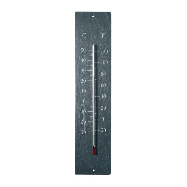 A tall, long thermometer, made from dark grey slate. The thermometer reads vertically with Celsius on the left and Fahrenheit on the right in discreet etched writing.
